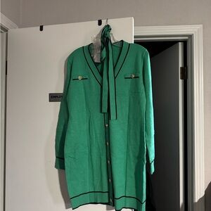 Green Long Cardigan with Black Trim